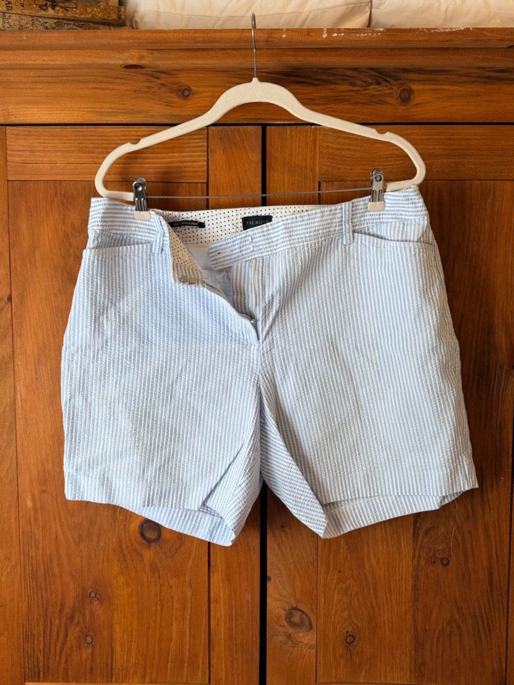 Talbots Light Blue and White Seersucker Bermuda Shorts